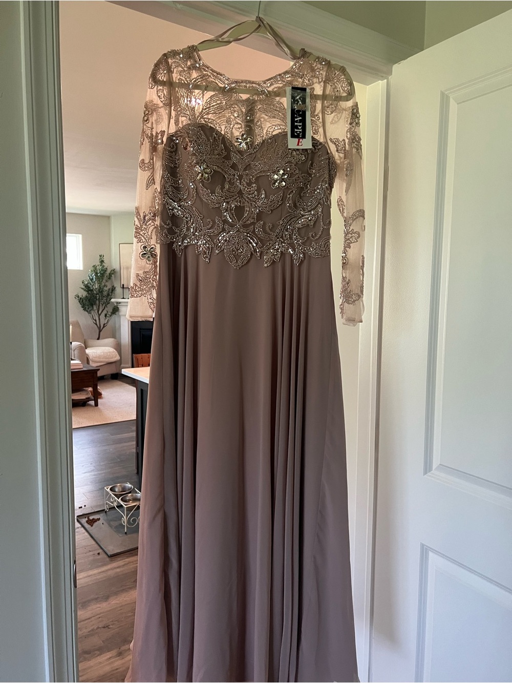 XScape Formal Floor Length Gown Champagne Sequins Chiffon Sz 10P